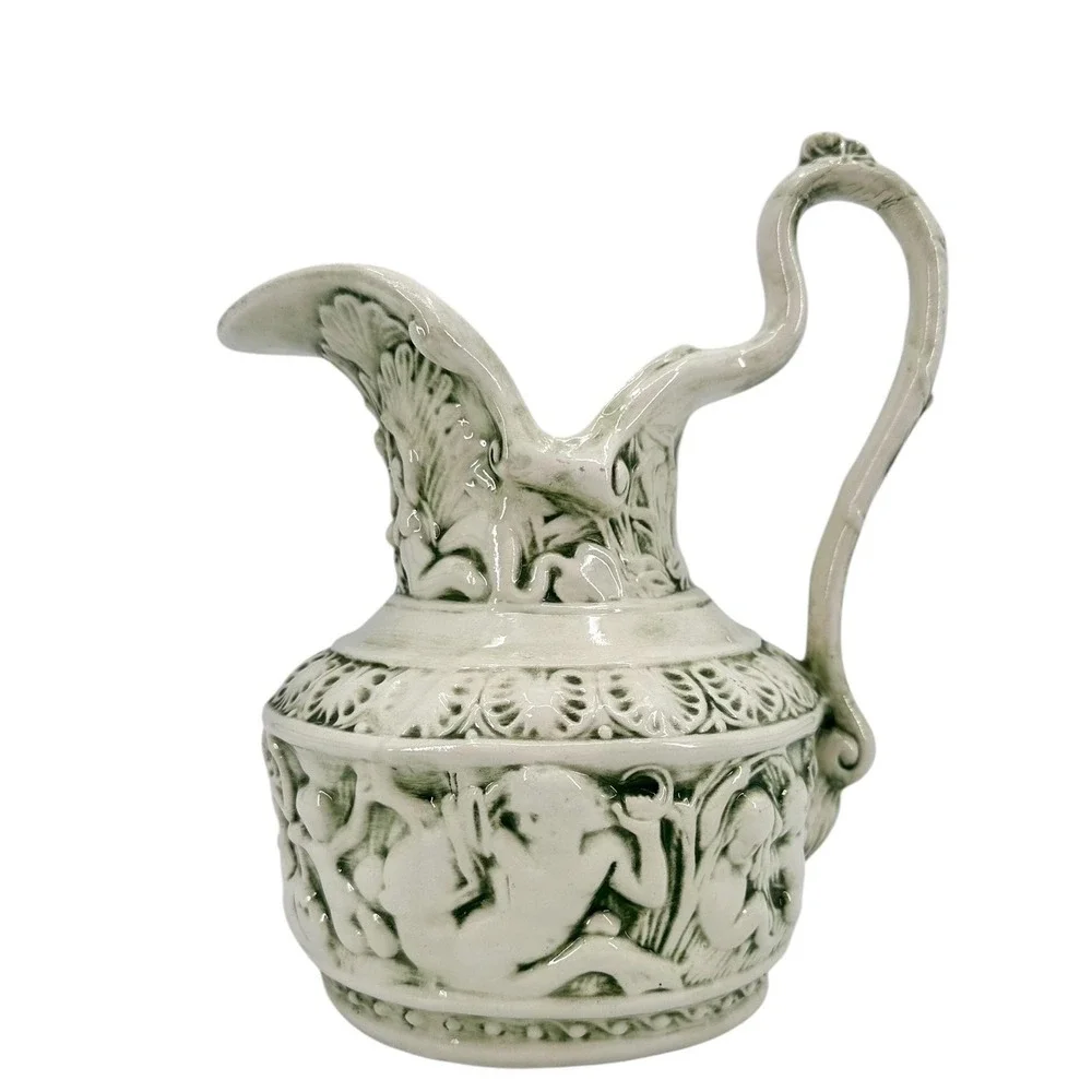 Vintage Ceramic Vase Pitcher Ewer Greek Poseidon Mermaid Cherub Green 3D Relief